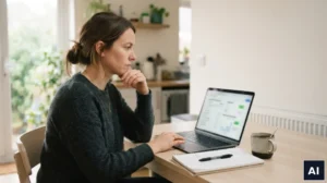 Osoba porównuje oferty lokaty i konta oszczędnościowego na laptopie przy kawie